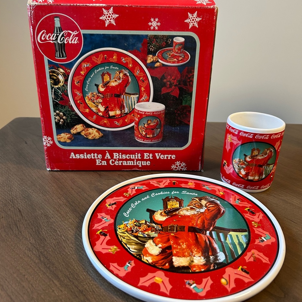 Coca Cola Christmas ceramic cookie and milk plate and tumbler